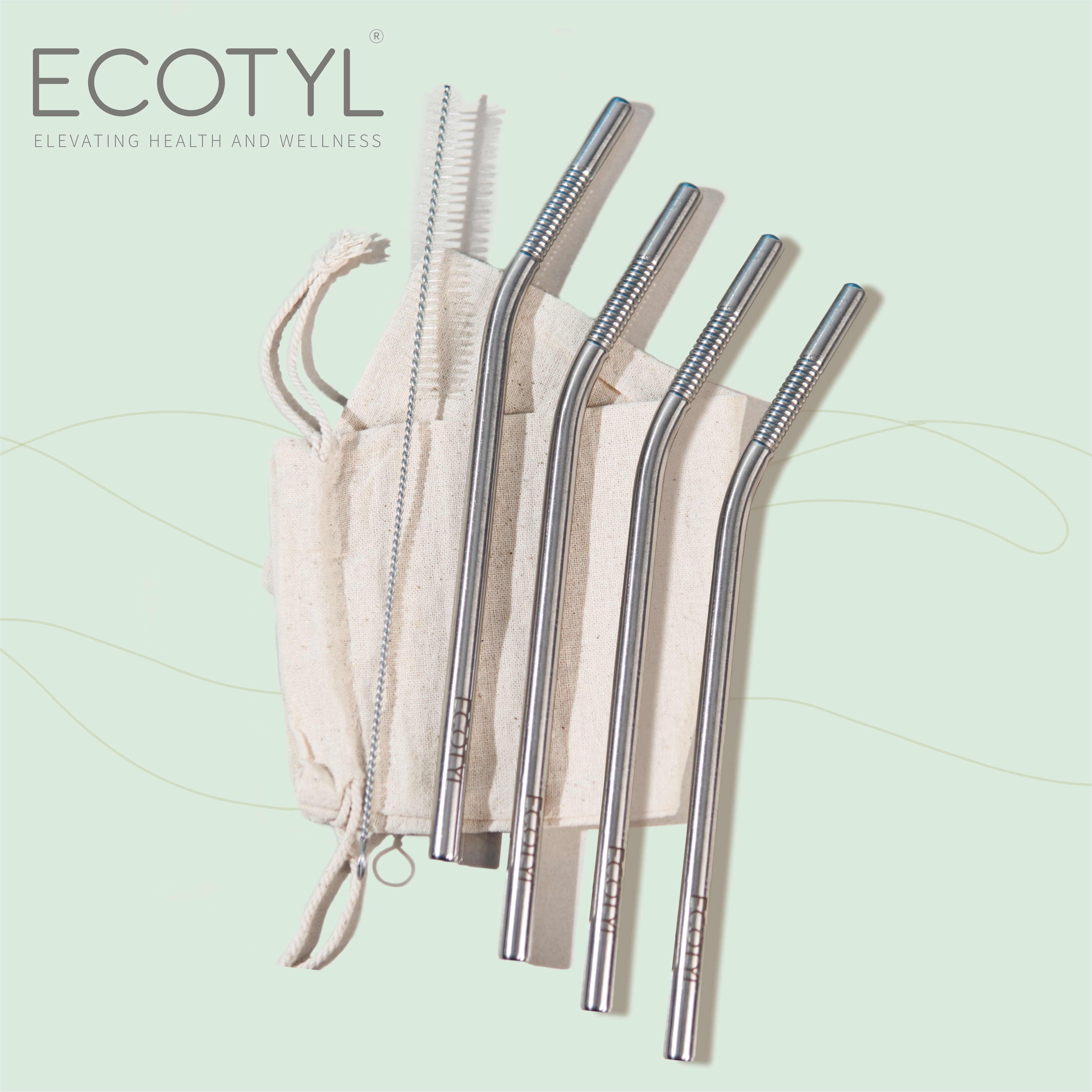 Ecotyl Stainless Steel Straw Bent with Cleaning Brush | Reusable Straws | Set of 4